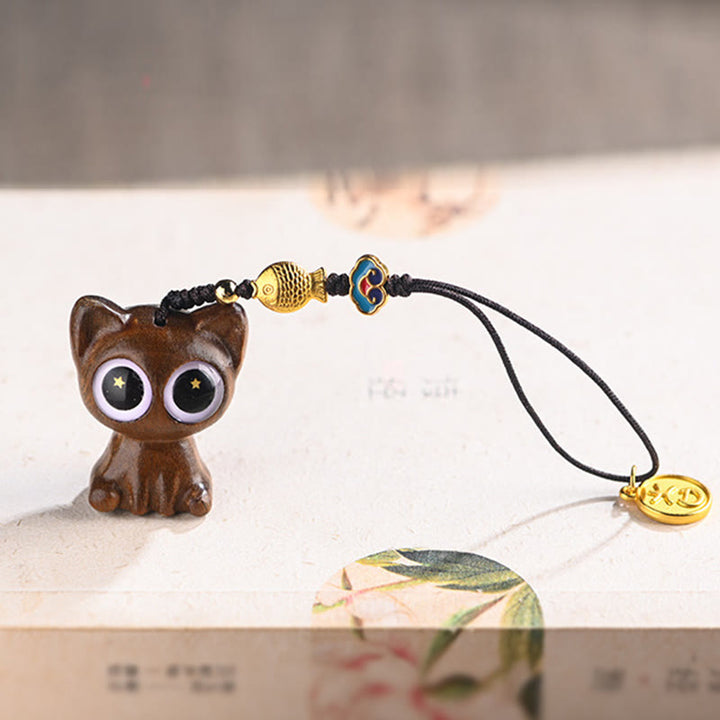Buddha Stones Green Sandalwood Lucky Cat Koi Fish Cure Key Chain Phone Hanging Decoration - image 5