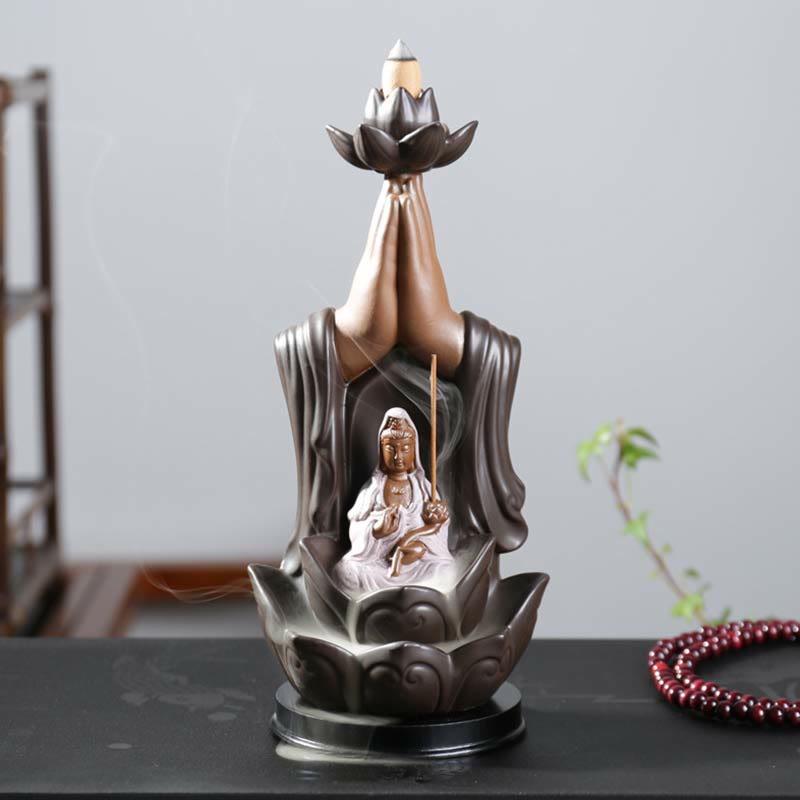 Buddha Avalokitesvara Chenrezig Ksitigarbha Ceramic Lotus Blessing Backflow Incense Burner - image 4