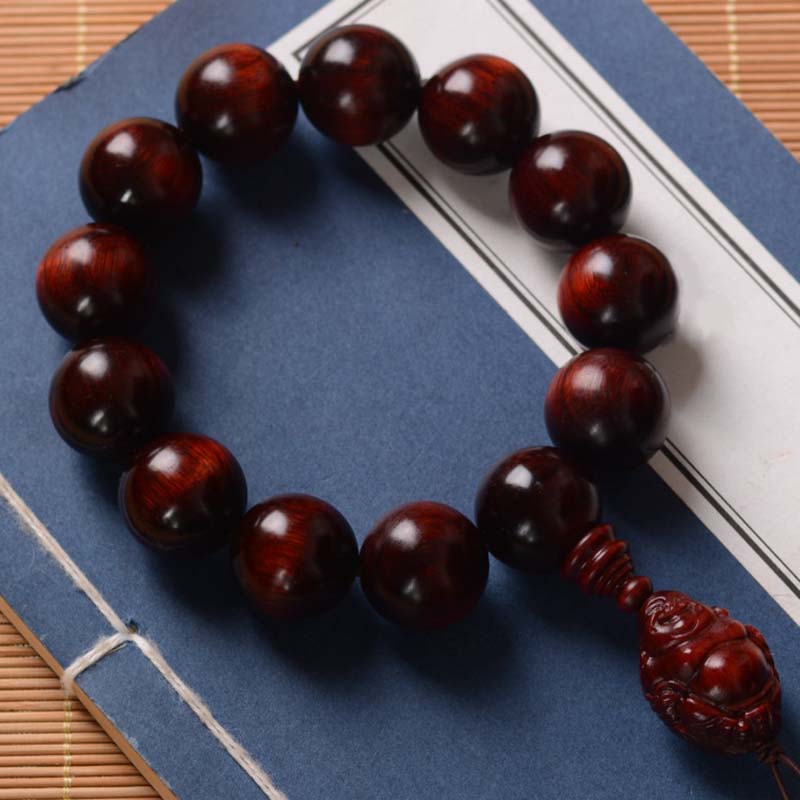 Buddha Stones Small Leaf Red Sandalwood Laughing Buddha God of Wealth Protection Bracelet