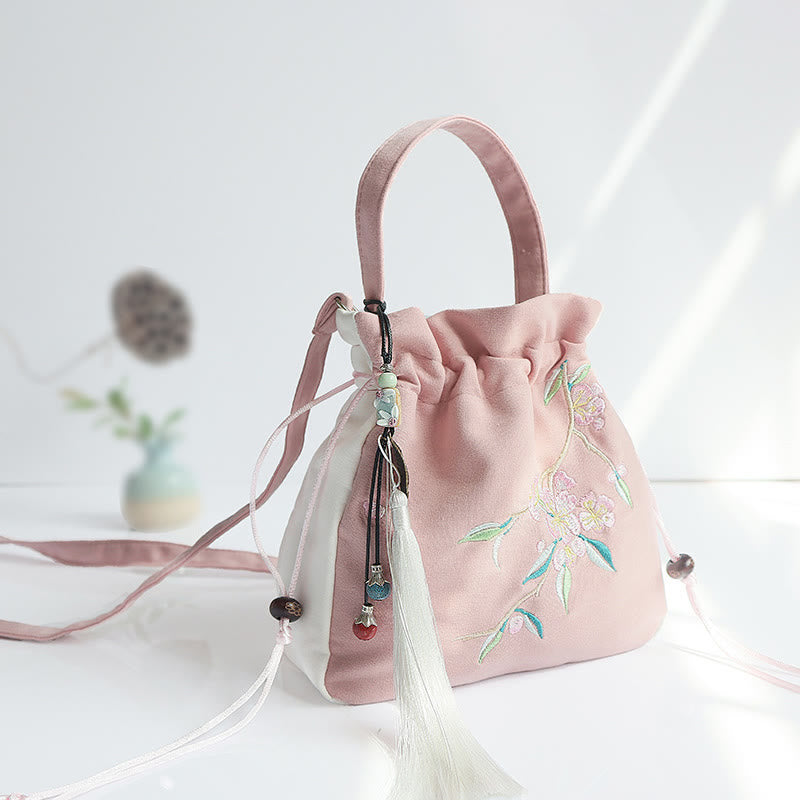 Buddha Stones Handmade Embroidered Flowers Canvas Tote Shoulder Bag Handbag - Pink White Peach Blossom 20*20cm - image 38