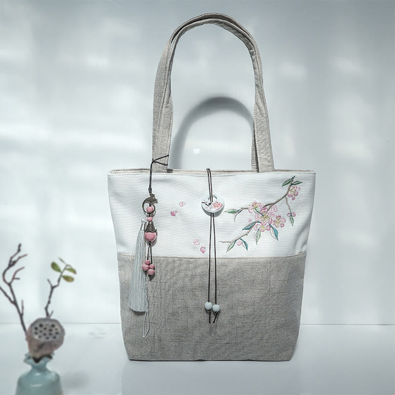 Pear Flower Plum Peach Blossom Bamboo Embroidery Canvas Large Capacity Shoulder Bag Tote Bag - Beige White Peach Blossom - image 39