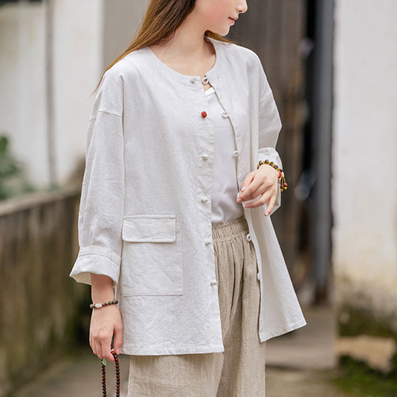 Buddha Stones Retro Zen Design Long Sleeve Shirt Ramie Linen Jacket With Pockets