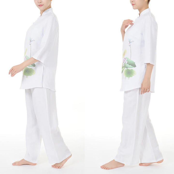 Buddha Stones 2Pcs White Lotus Flower Leaf Half Sleeve Shirt Top Pants Meditation Zen Tai Chi Linen Clothing Women's Set