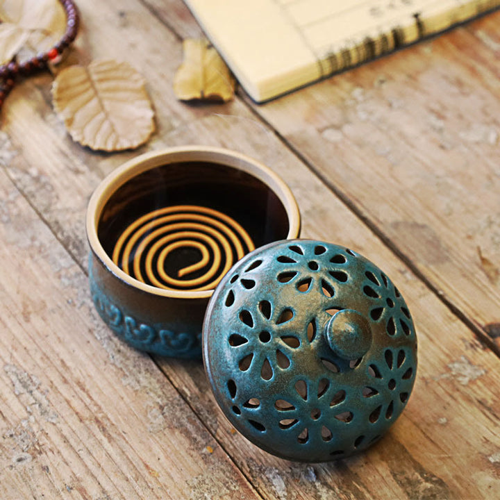 Buddha Stones Mini Hollow Spiritual Meditation Ceramic Small Incense Burner Decoration - 8.5*8.5cm - image 0