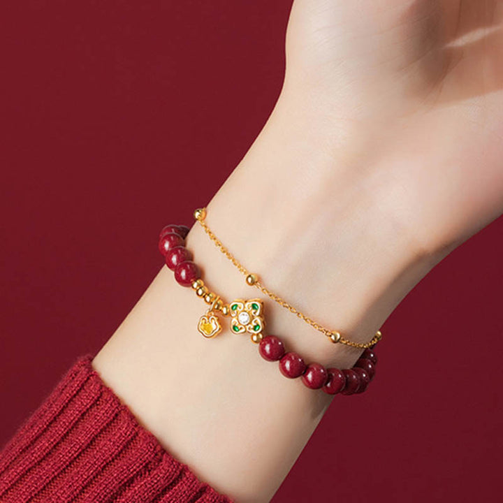 Buddha Stones 925 Sterling Silver Natural Cinnabar Four Leaf Clover Flower Blessing Chain Bracelet