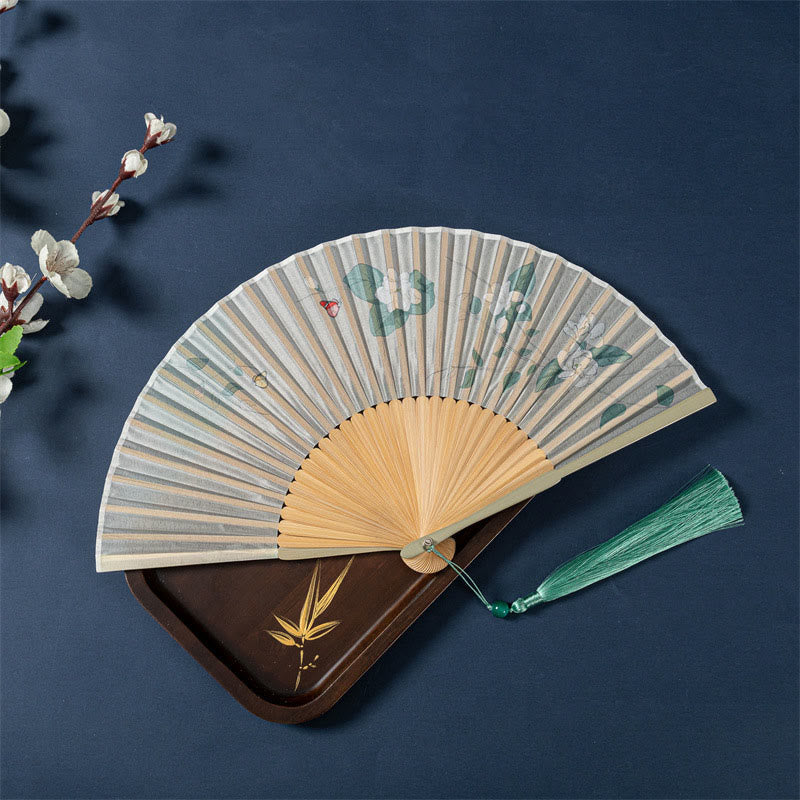 Buddha Stones Lotus Begonia Flower Jasmine Handheld Silk Bamboo Folding Fan 21cm