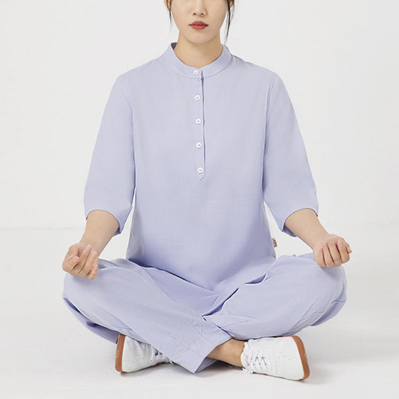 Buddha Stones 2Pcs Buttons Three Quarter Sleeve Shirt Top Pants Meditation Zen Tai Chi Cotton Linen Clothing Women's Set