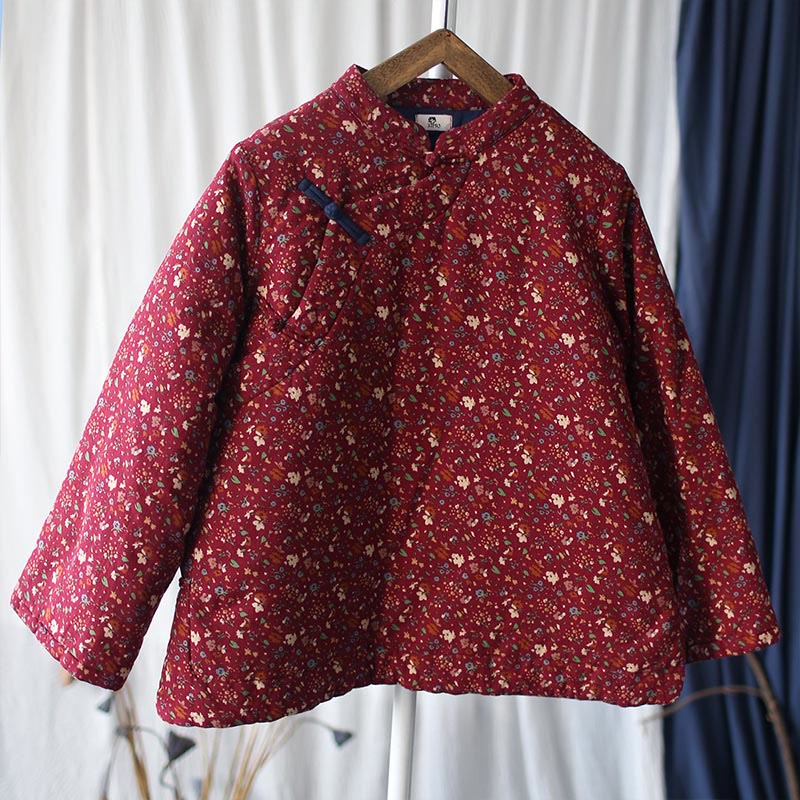 Buddha Stones Flowers Cotton Linen Jacket Shirt Chinese Northeast Style Winter Clothing