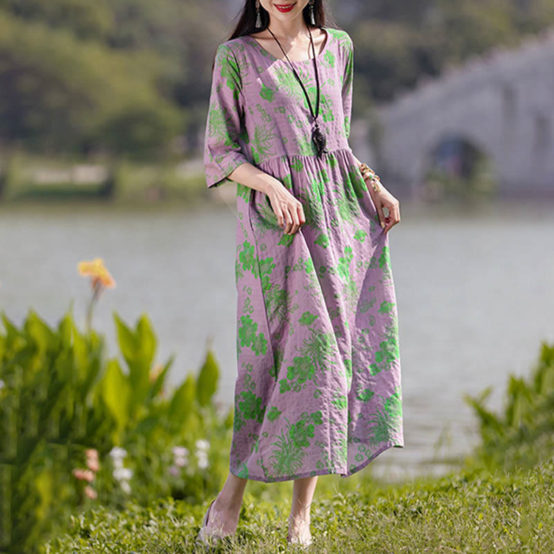 Buddha Stones Flowers Print Midi Dress Cotton Linen Tunic Dress With Pockets