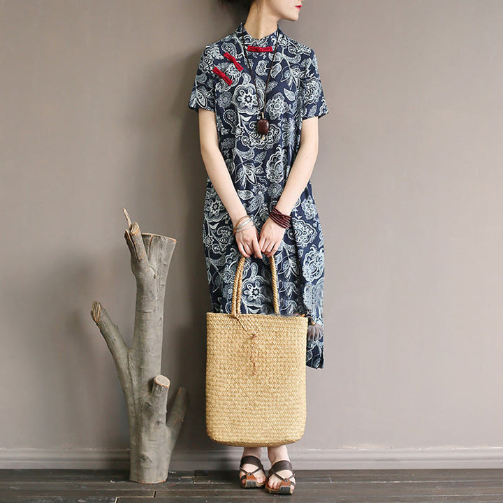 Buddha Stones Blue White Flower Frog-button Cheongsam Dresses Short Sleeve Linen Dresses With Pockets