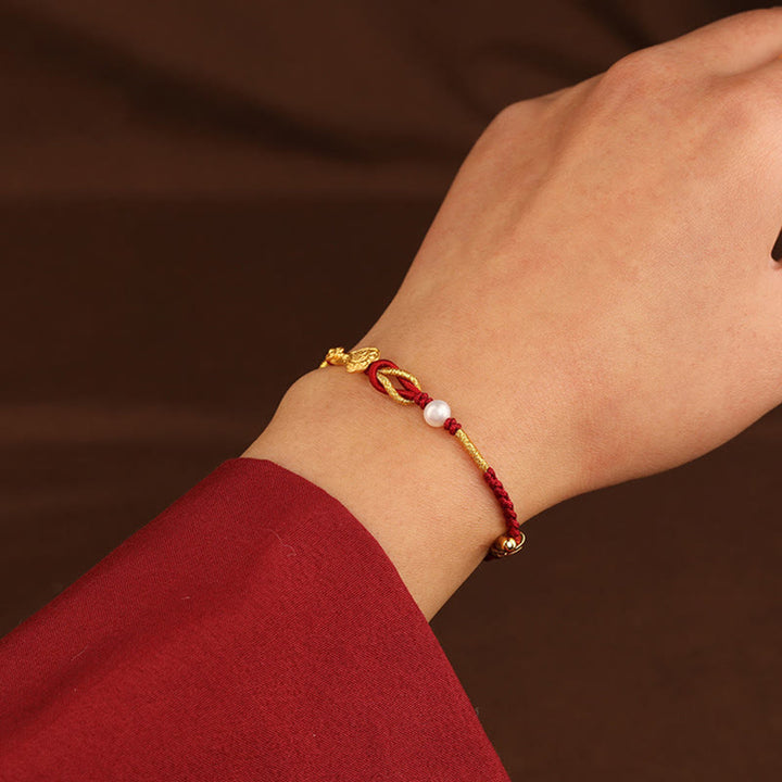 Buddha Stones 24K Gold Wish Ruyi Handle Fu Character Rabbit Pearl Luck Braided Bracelet - image 6