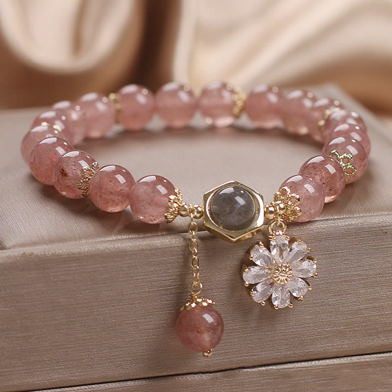 Natural Strawberry Quartz Crystal Daisy Flower Charm Positive Healing Bracelet - image 5