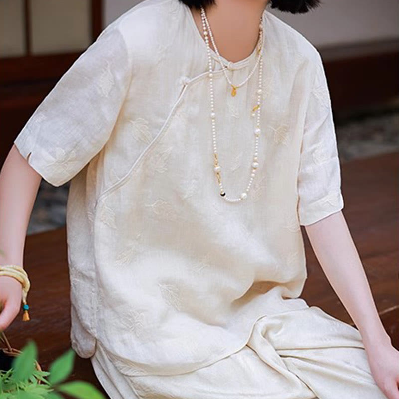 Buddha Stones Ramie Linen Loose Blouse Short Sleeve Shirt Chinese Style Top