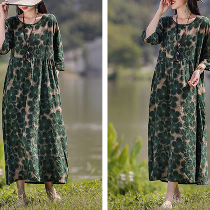 Buddha Stones Flowers Print Midi Dress Cotton Linen Tunic Dress With Pockets