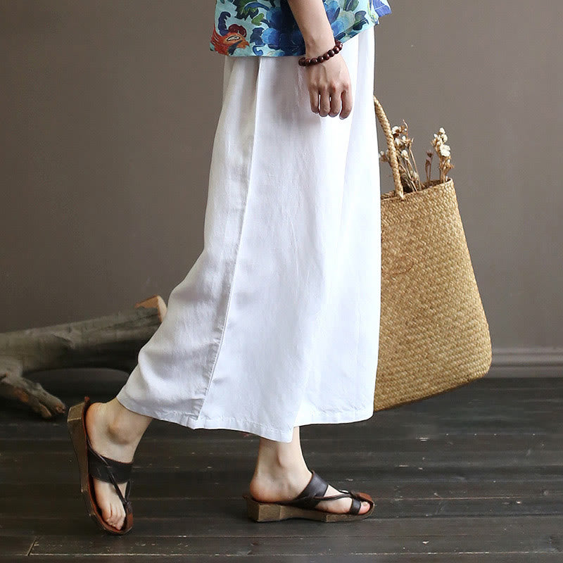 Buddha Stones Red Blue Peony Midi Dress Half Sleeve Cotton Linen Dress Wide Leg Pants With Pockets