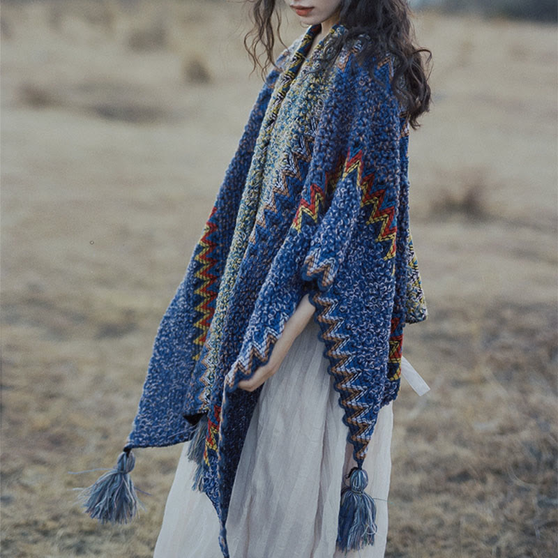 Buddha Stones Tibetan Shawl Soft Warm Knitting Cloak Winter Tibetan Tassel Scarf - image 3