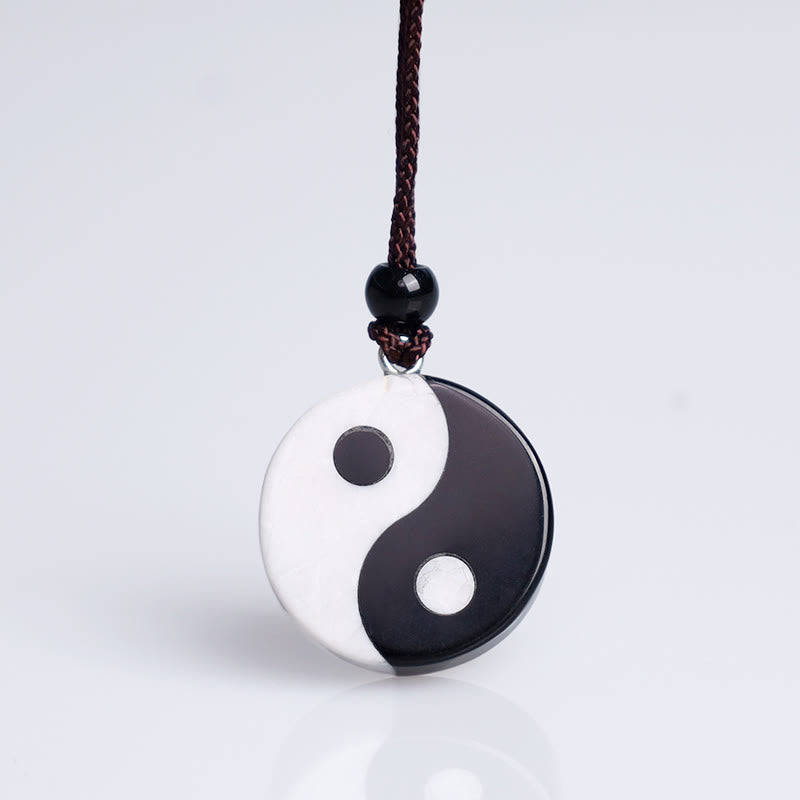 Buddha Stones Natural Black Obsidian White Turquoise Yin Yang Fulfilment Strength Necklace Pendant