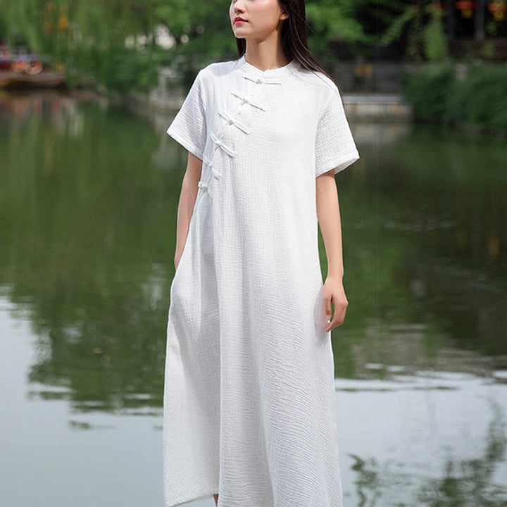 Buddha Stones Frog-Button Midi Dress Cotton Linen Short Sleeve Dress With Pockets