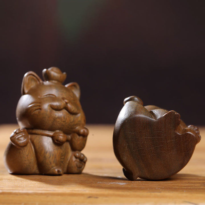 Buddha Stones Mini Green Sandalwood Ingot Lucky Cat Carved Peace Desk Decorations - image 7