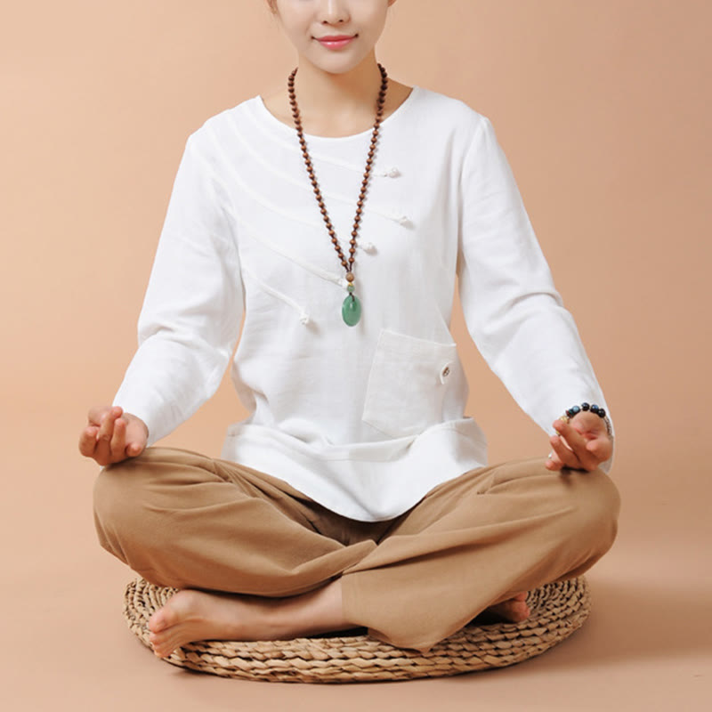 Buddha Stones 2Pcs Long Sleeve T-Shirt Tee Pants Meditation Zen Tai Chi Linen Clothing Women's Set