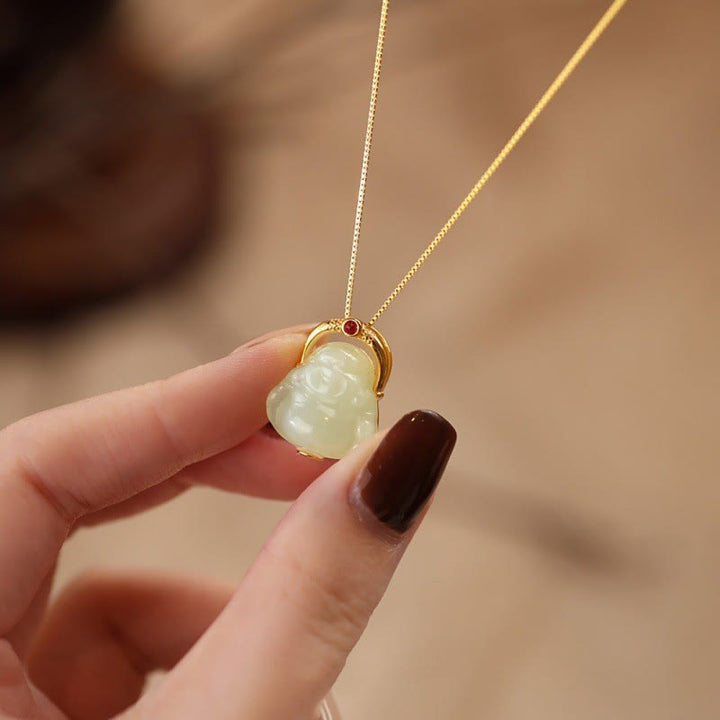 Buddha Stones 925 Sterling Silver Natural Hetian Jade Laughing Buddha Abundance Chain Necklace Pendant - image 1