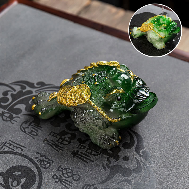 Buddha Stones Color Changing FengShui Wealth Lucky Frog Copper Coin Tea Pet Resin Figurine Decoration - Green - 15.5*7.5cm - image 10