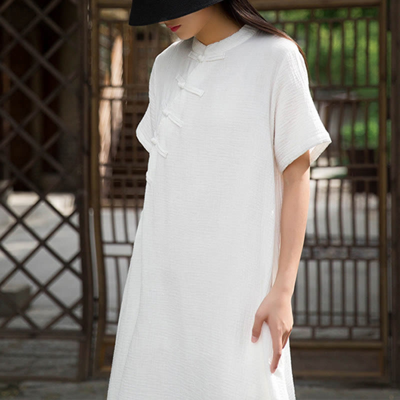 Buddha Stones Frog-Button Midi Dress Cotton Linen Short Sleeve Dress With Pockets