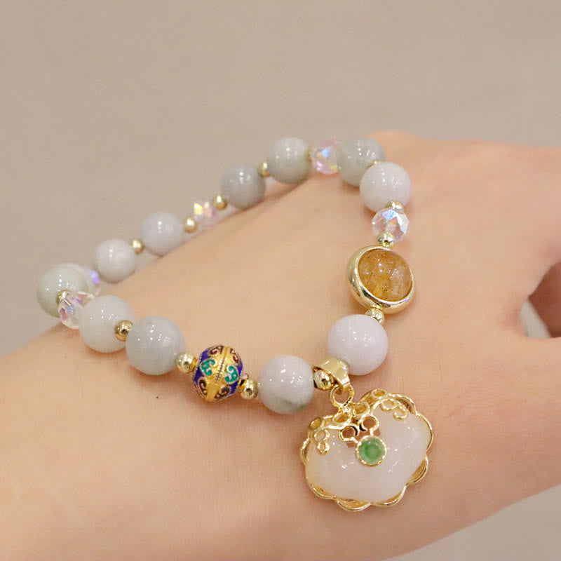 Buddha Stones Strawberry Quartz Green Crystal Amethyst Healing Chinese Lock Charm Bracelet