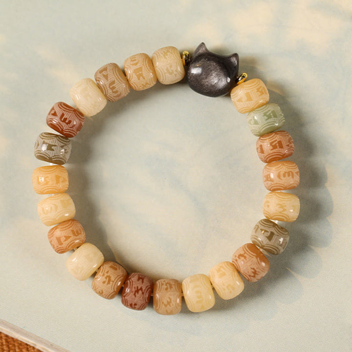 Buddha Stones Bodhi Seed Silver Sheen Obsidian Cat Head Om Mani Padme Hum Engraved Harmony Bracelet - image 2