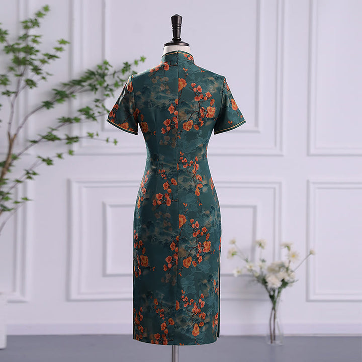 Buddha Stones Retro Flower Lotus Peony Feather Print Qipao Dress Women's Cheongsam Dress