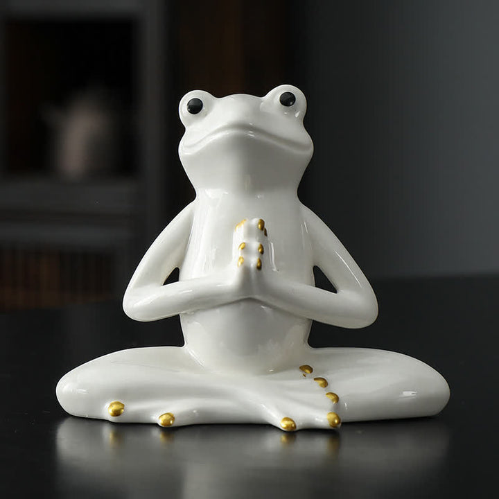 Meditating Ceramic Zen Frog Statue Decoration - Praying Frog - White - image 3