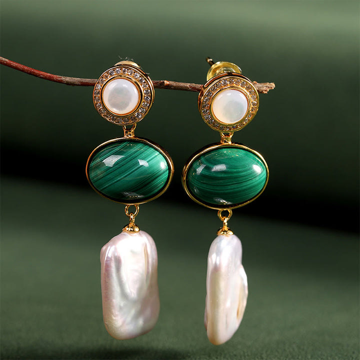 Buddha Stones 925 Sterling Silver Natural Baroque Pearl Malachite Healing Wisdom Drop Earrings