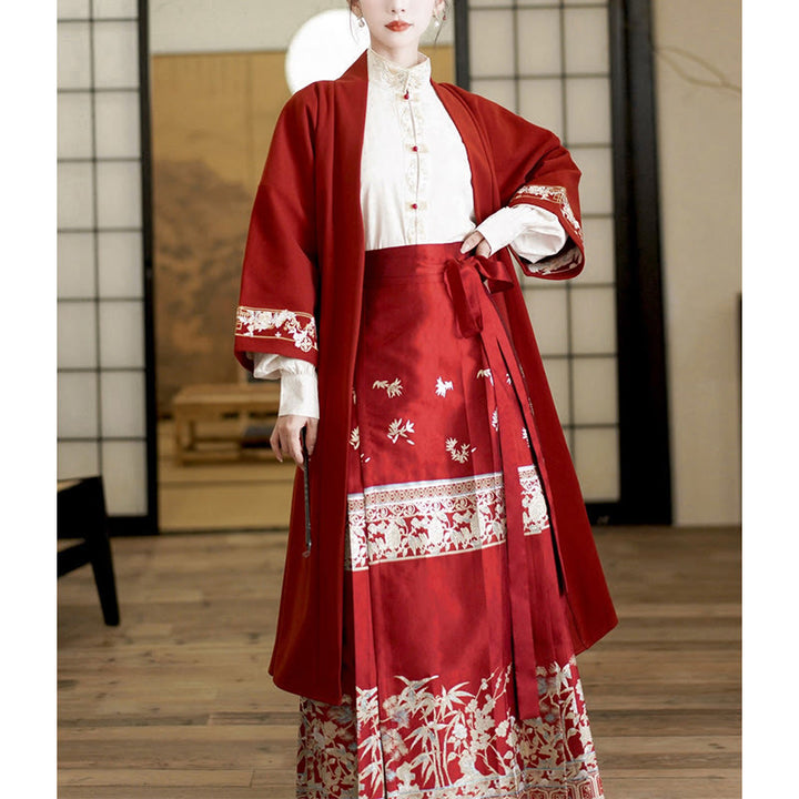 Buddha Stones Flower Bamboo Embroidery Long Sleeve Shirt Top Chinese Horse Face Skirt Mamianqun Wrapped Skirt Coat