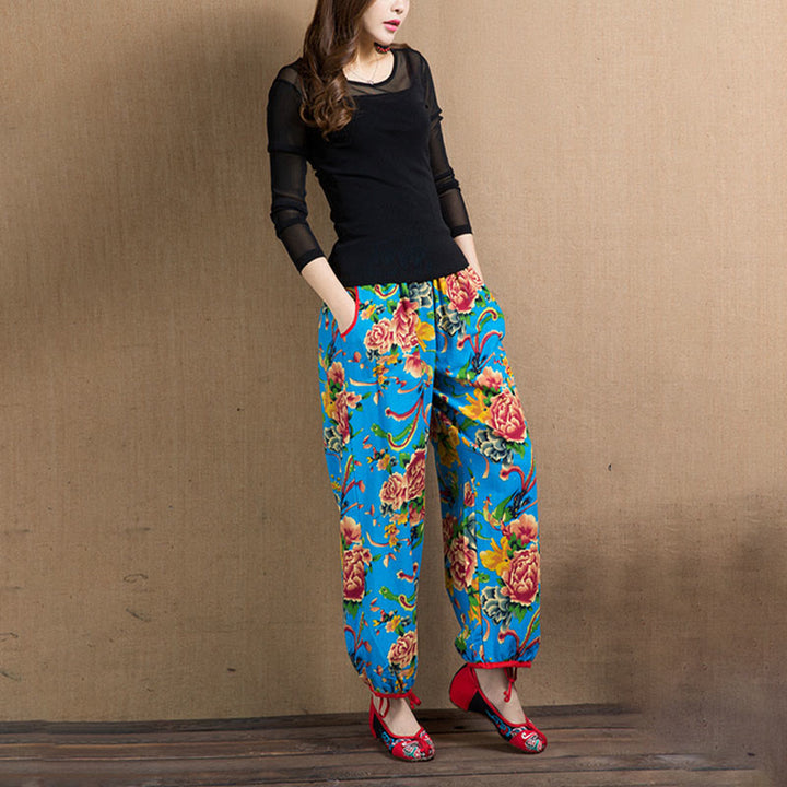 Buddha Stones Ethnic Style Red Green Flowers Print Harem Pants With Pockets