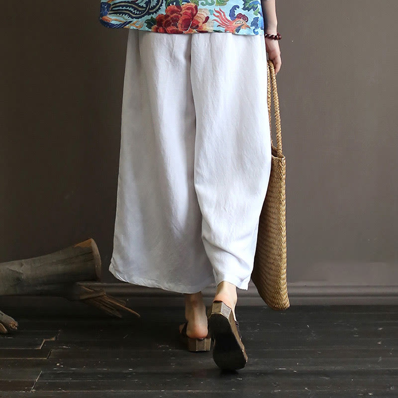 Buddha Stones Red Blue Peony Midi Dress Half Sleeve Cotton Linen Dress Wide Leg Pants With Pockets