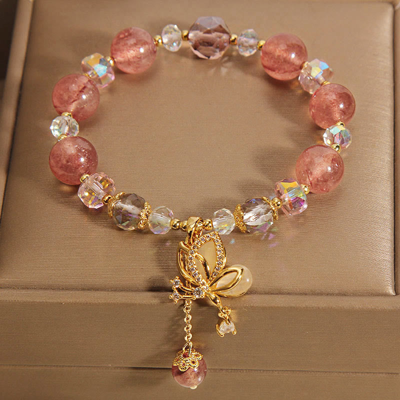 Buddha Stones Natural Strawberry Quartz Healing Positive Butterfly Charm Bracelet