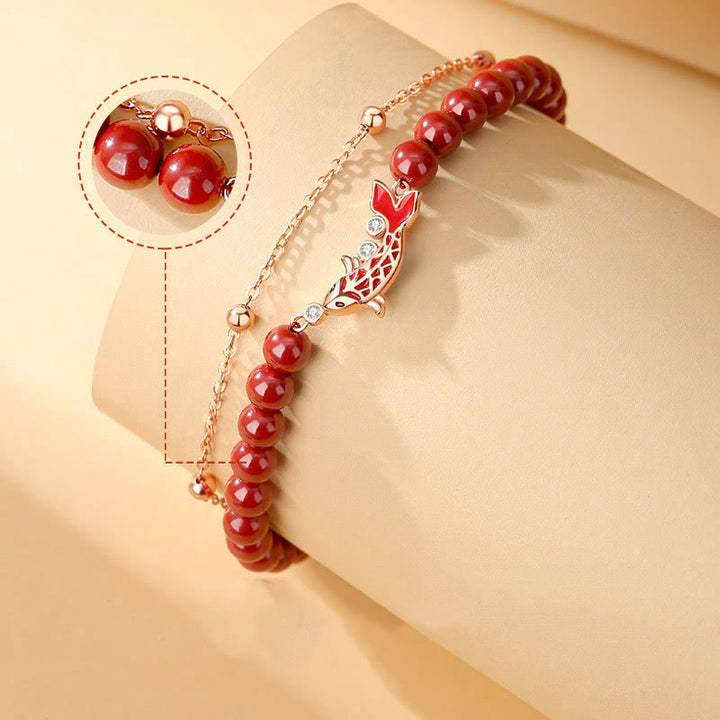 Buddha Stones 925 Sterling Silver Lucky Koi Fish Cinnabar Zircon Prosperity Double Layer Chain Bracelet - image 2