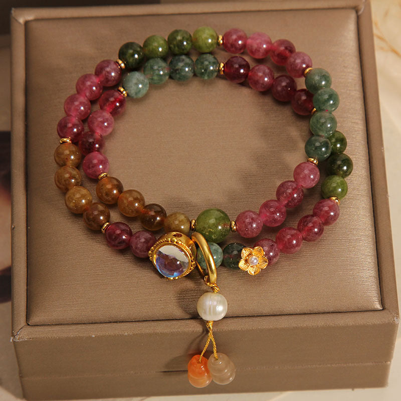 Buddha Stones Multicolored Tourmaline Positive Double Wrap Gourd Charm Bracelet