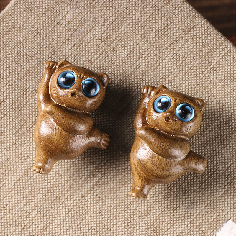 Buddha Stones Mini Green Sandalwood Dancing Cat Engraved Positive Desk Decorations - image 4