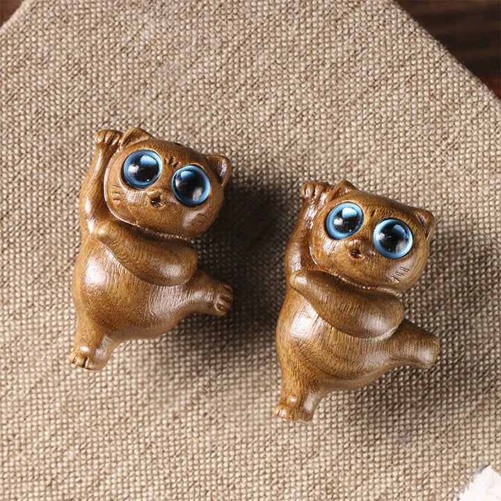 Buddha Stones Mini Green Sandalwood Dancing Cat Engraved Positive Desk Decorations - image 4