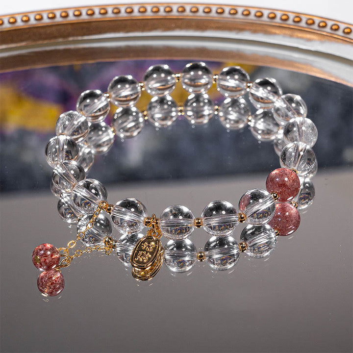 Buddha Stones White Crystal Strawberry Quartz Healing Attract Fortune Charm Bracelet