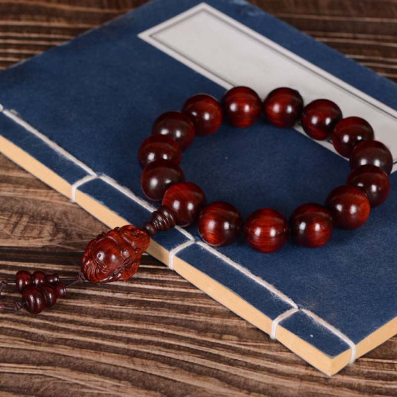 Buddha Stones Small Leaf Red Sandalwood Laughing Buddha God of Wealth Protection Bracelet