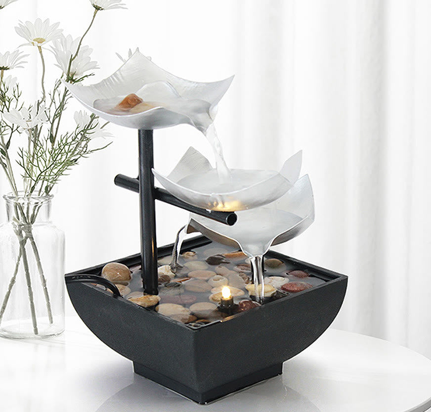 Three Layers Waterfall Fountain Tabletop Lotus Ornaments With River Rocks Desktop Decoration - image 1