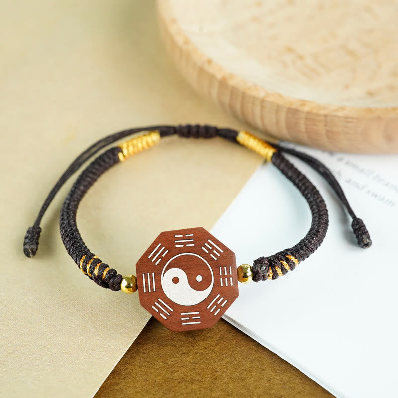 Buddha Stones Small Leaf Red Sandalwood Jujube Wood Ebony Wood Silver Inlaid Yin Yang Bagua Big Dipper Protection Bracelet