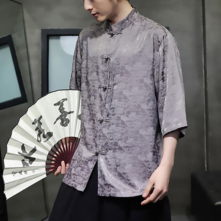 Buddha Stones Simple Jacquard Frog-button Chinese Three Quarter Sleeve Shirt Men T-shirt