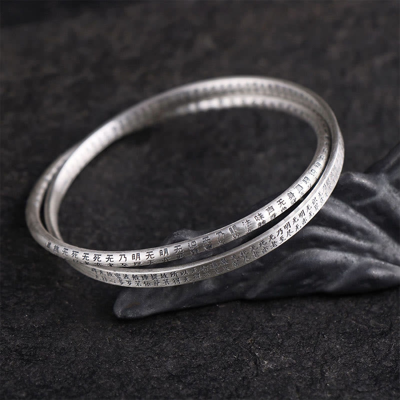 Buddha Stones 999 Sterling Silver Heart Sutra Carved Protection Bracelet Bangle - image 1