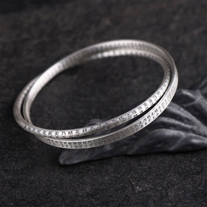 Buddha Stones 999 Sterling Silver Heart Sutra Carved Protection Bracelet Bangle - image 1