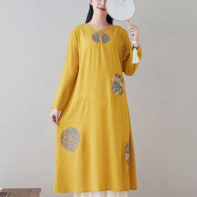 Buddha Stones Embroidery Long Sleeve Midi Dress Meditation Spiritual Zen Practice