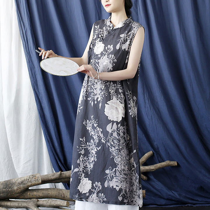 Buddha Stones Ancient Ramie Linen Flowers Printing Cheongsam Dresses Sleeveless Dress