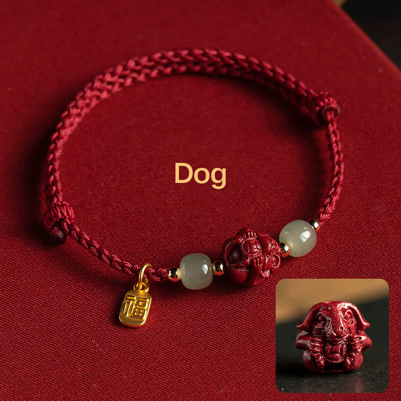 Buddha Stones Natural Cinnabar Chinese Zodiac Hetian Jade Fu Character Luck Rope Bracelet